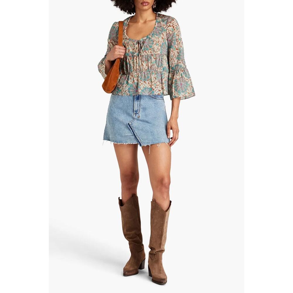 Veronica Beard Floral Ruffle Peasant Blouse in Green and Pink
